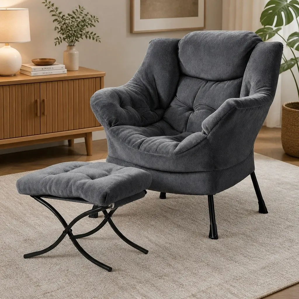 Velvet Accent Armchair Lounge Chair with Ottoman Footrest Grey
