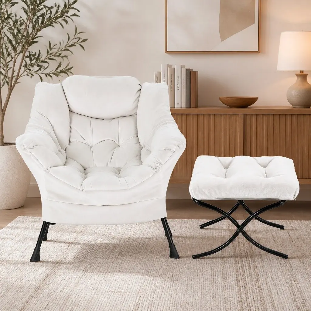 Armchair Accent Chair Lounge Chair Velvet Upholstery Beige with Ottoman Footrest