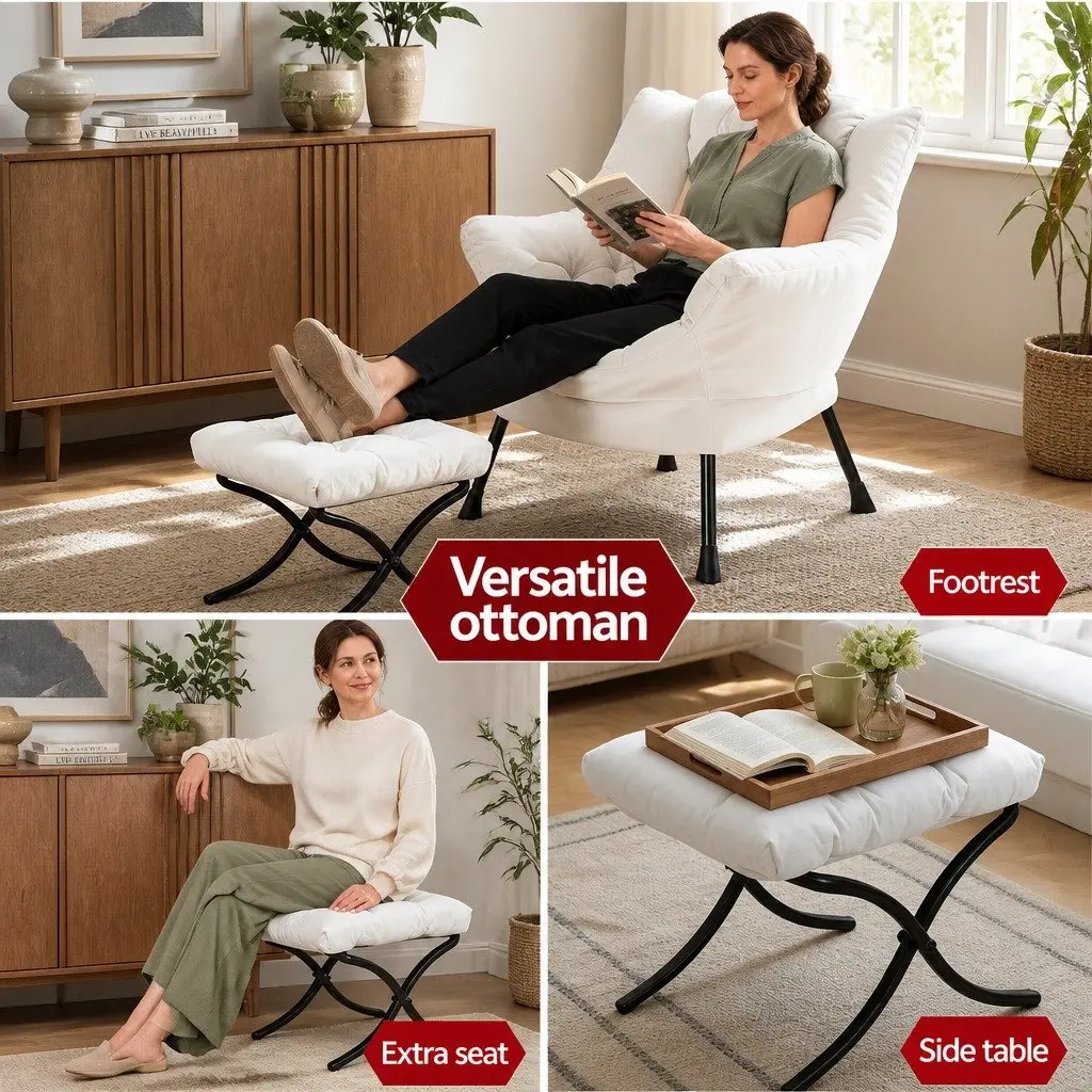 Armchair Accent Chair Lounge Chair Velvet Upholstery Beige with Ottoman Footrest