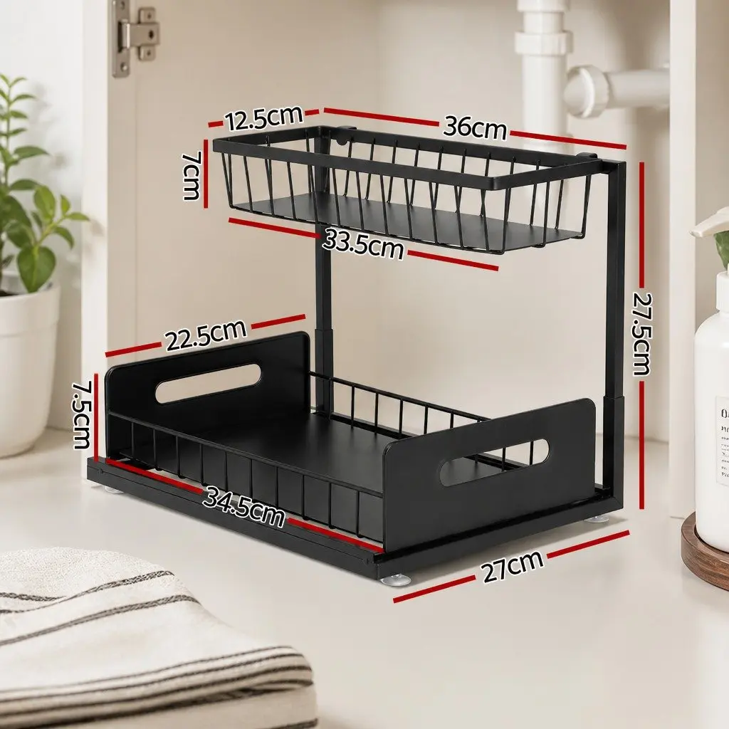 Under Sink Organizer L Shape Storage Pull Out Drawers Compact Black