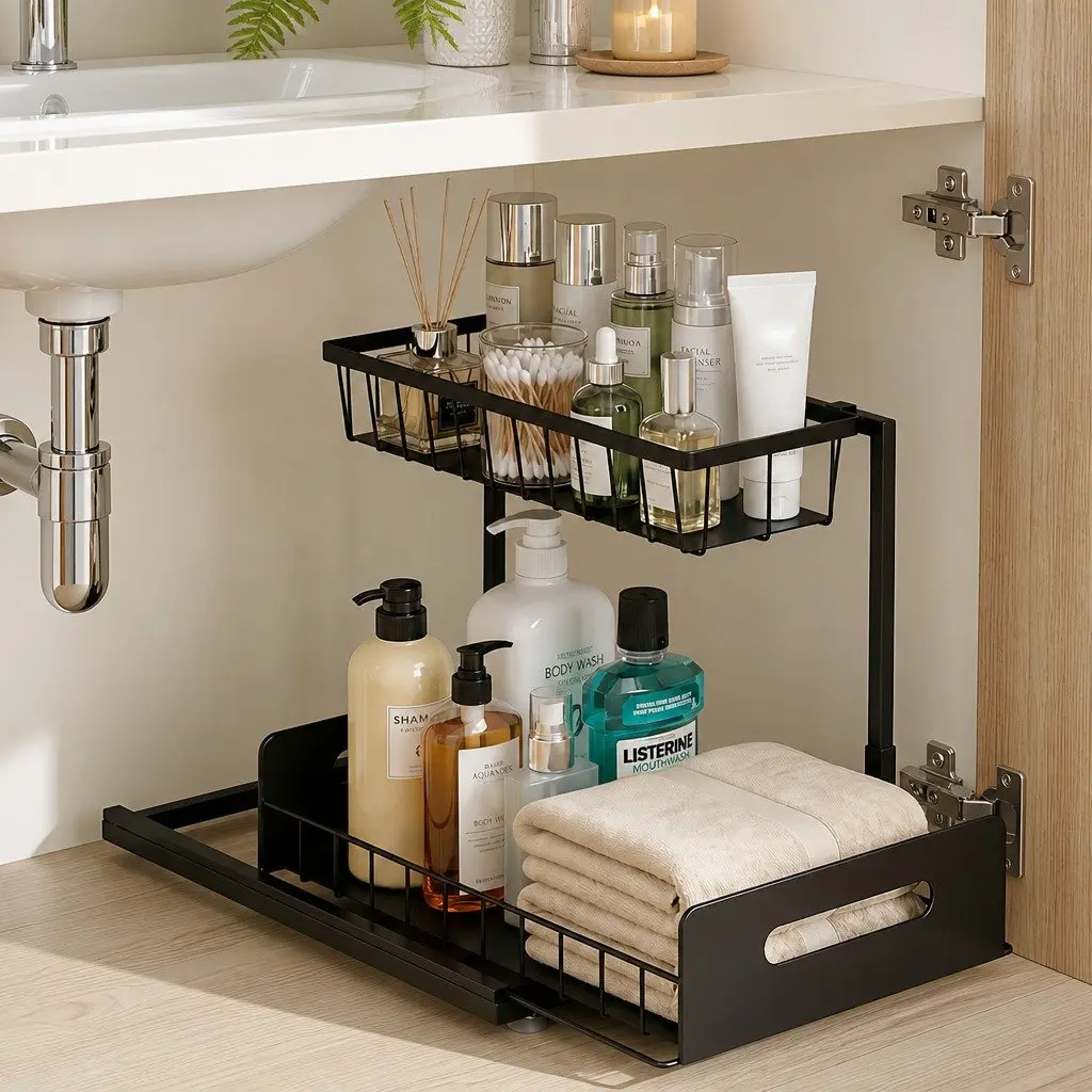 Under Sink Organizer L Shape Storage Pull Out Drawers Compact Black