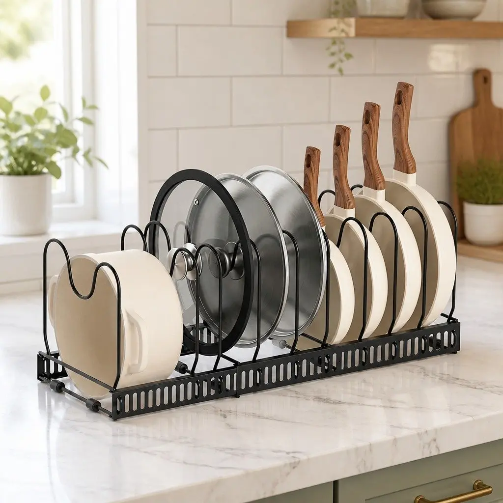 Expandable Pots and Pans Organizer Rack Kitchen Cabinet Storage Adjustable Black