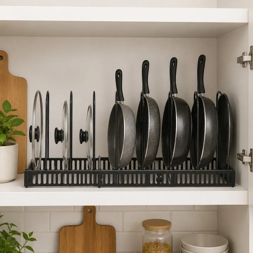 Expandable Pots and Pans Organizer Rack Kitchen Cabinet Storage Adjustable Black