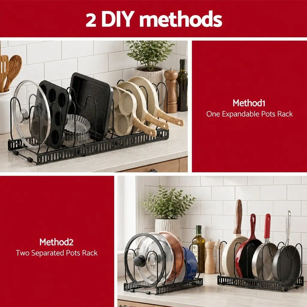 Expandable Pots and Pans Organizer Rack Kitchen Cabinet Storage Adjustable Black