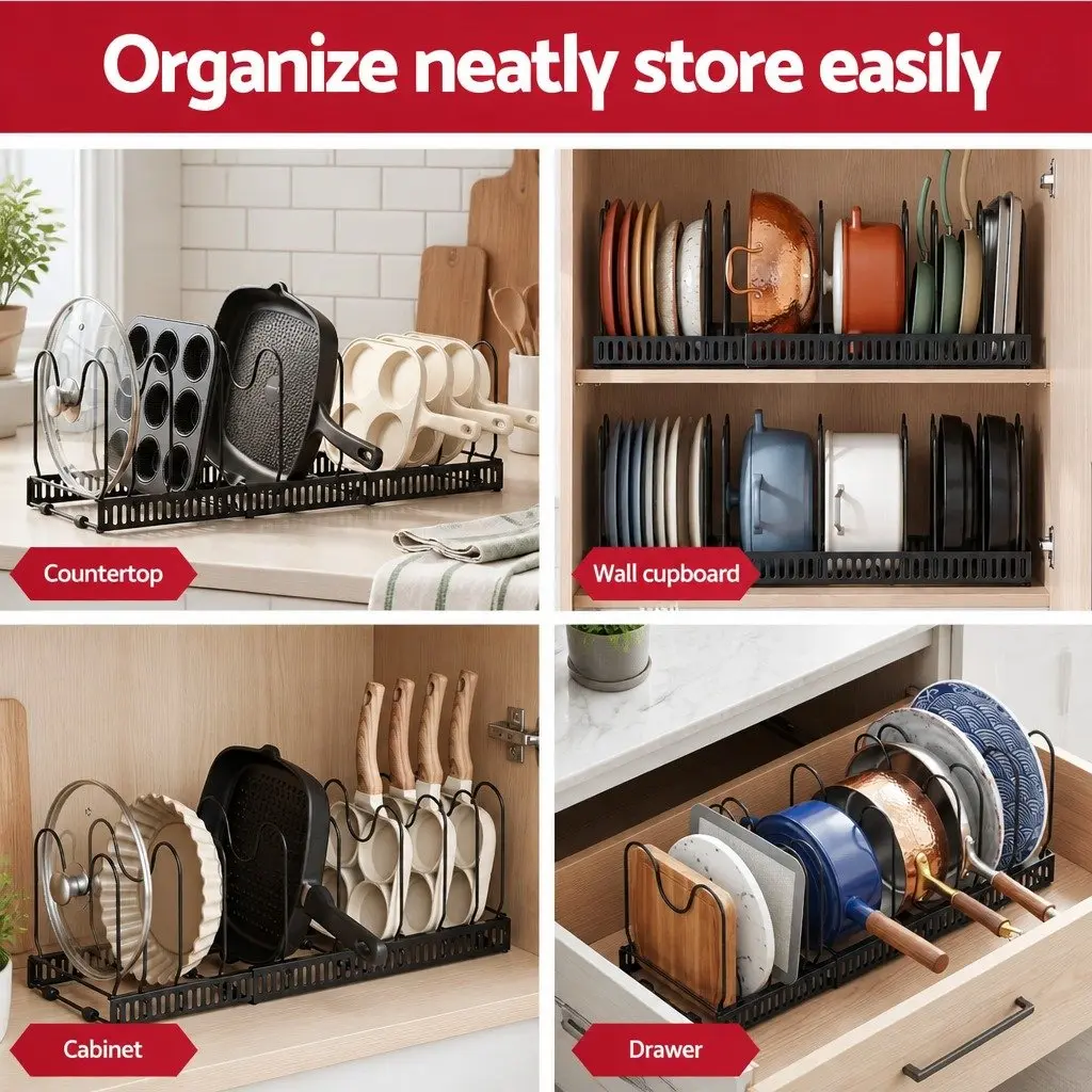 Expandable Pots and Pans Organizer Rack Kitchen Cabinet Storage Adjustable Black