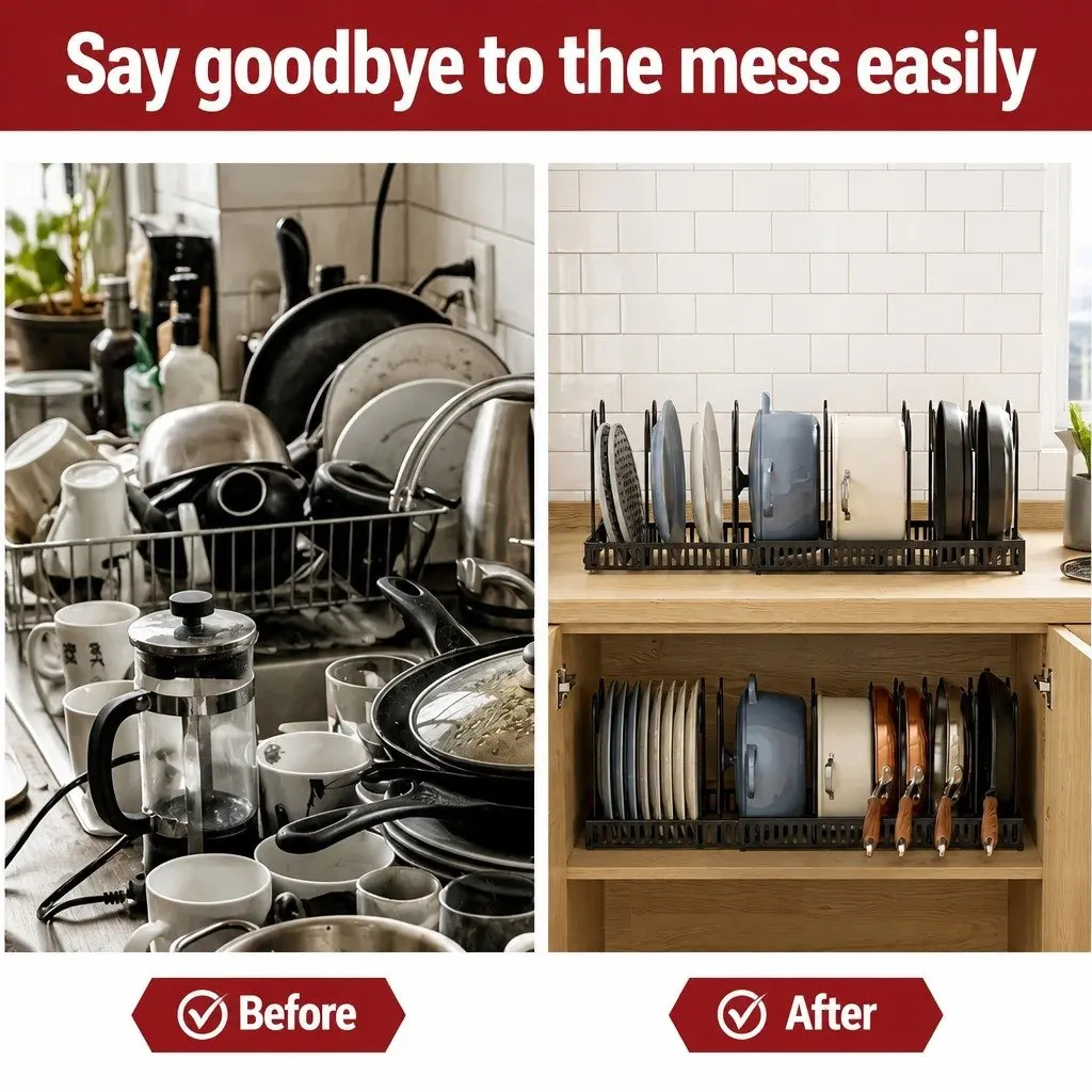 Expandable Pots and Pans Organizer Rack Kitchen Cabinet Storage Adjustable Black
