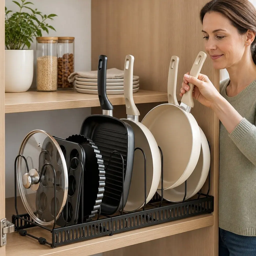 Expandable Pots and Pans Organizer Rack Kitchen Cabinet Storage Adjustable Black