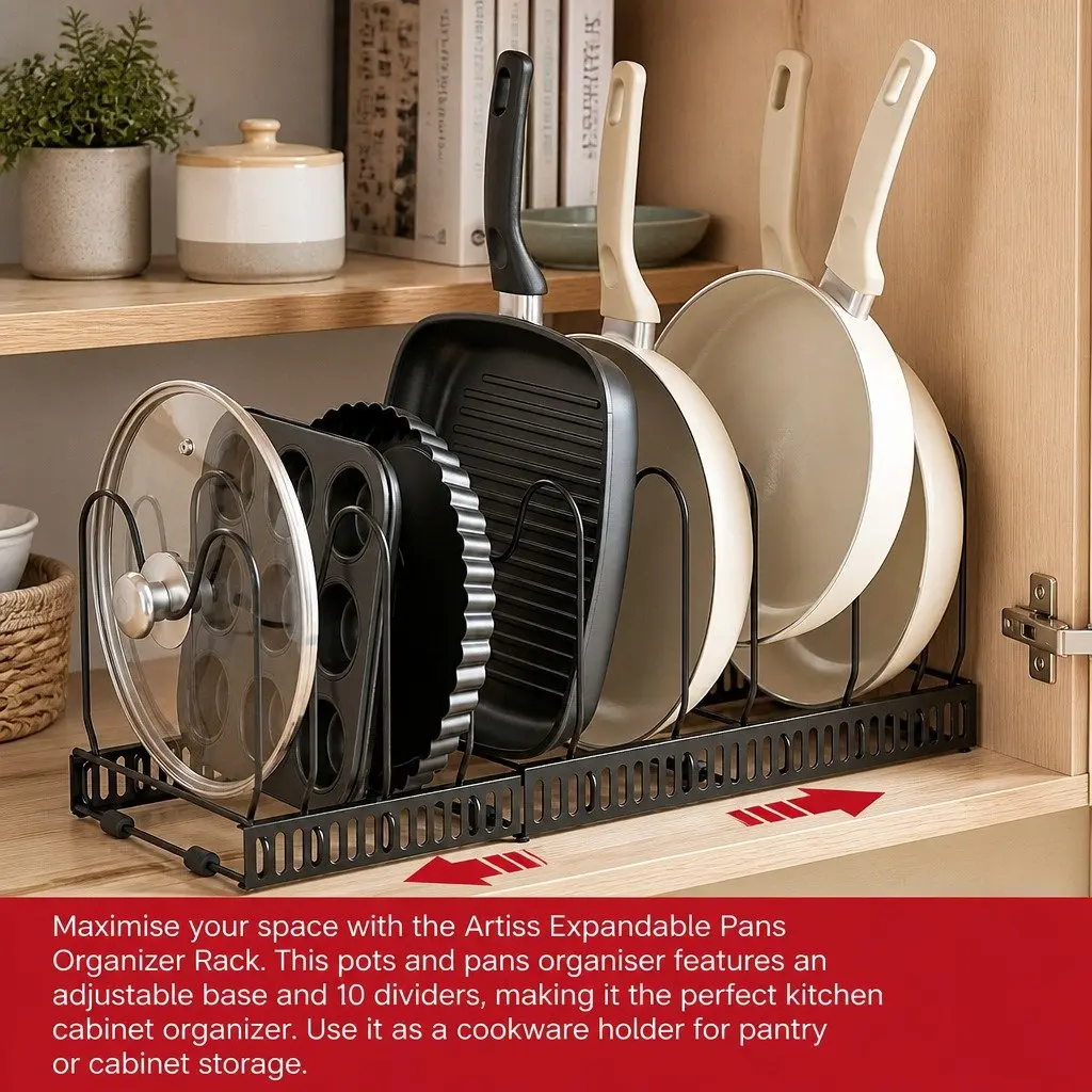 Expandable Pots and Pans Organizer Rack Kitchen Cabinet Storage Adjustable Black
