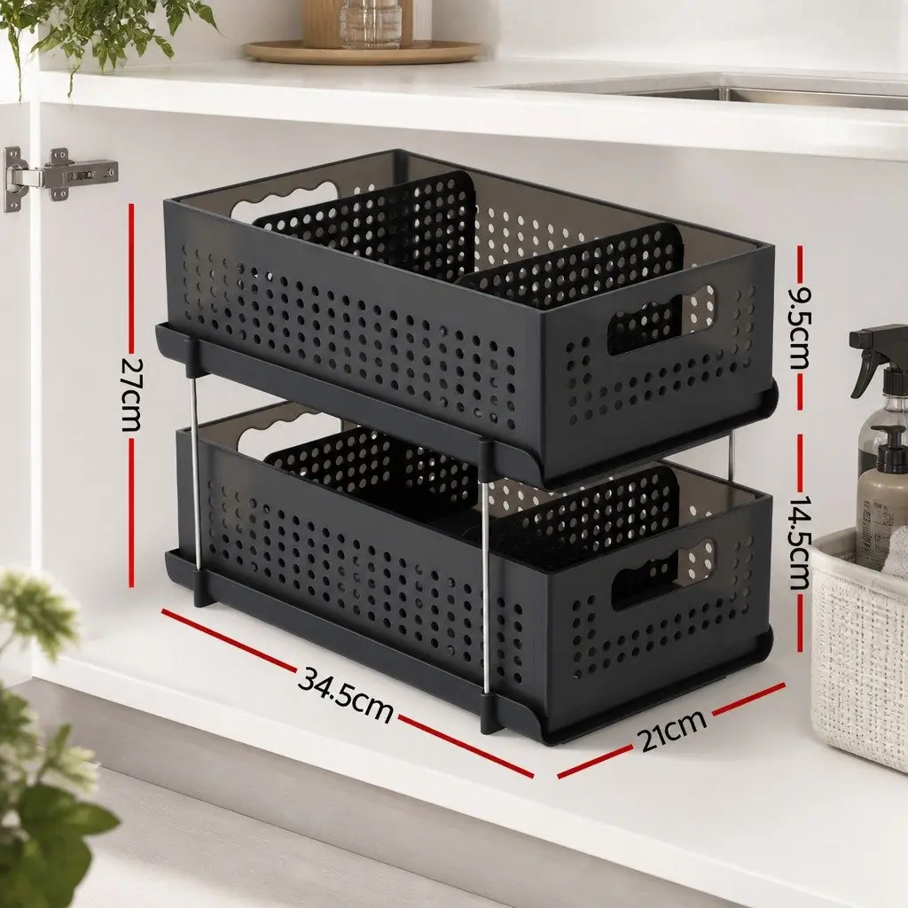 Under Sink Organizer 2 Tier Pull Out Drawer Removable Baskets Divider 21cm Black