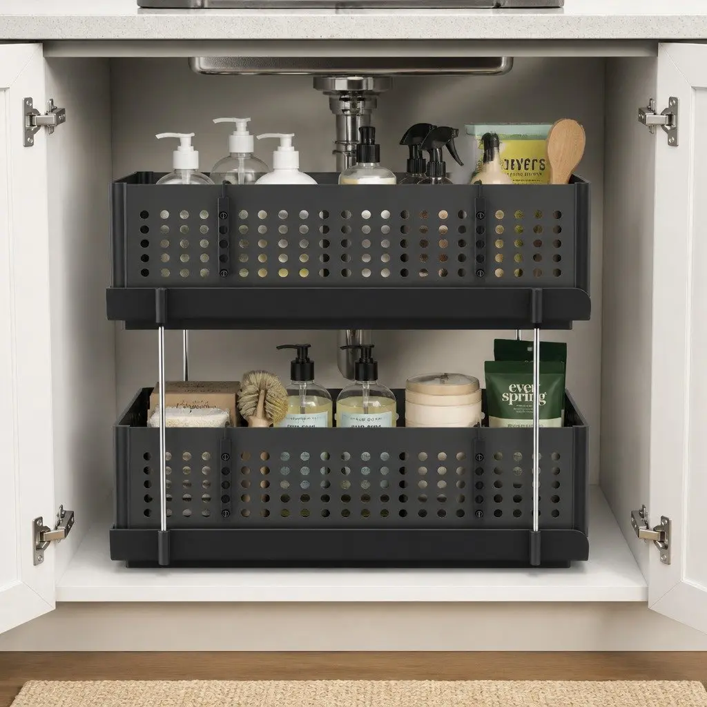 Under Sink Organizer 2 Tier Pull Out Drawer Removable Baskets Divider 21cm Black