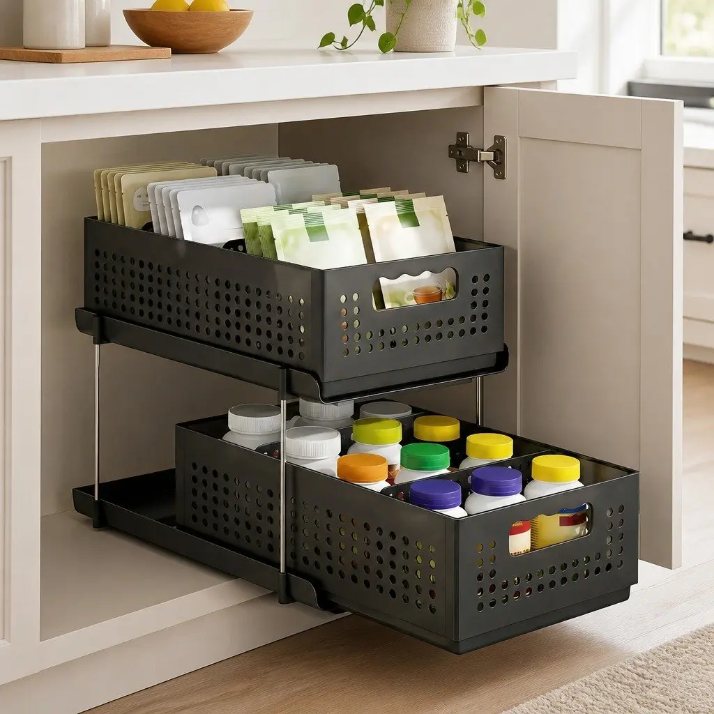 Under Sink Organizer 2 Tier Pull Out Drawer Removable Baskets Divider 21cm Black