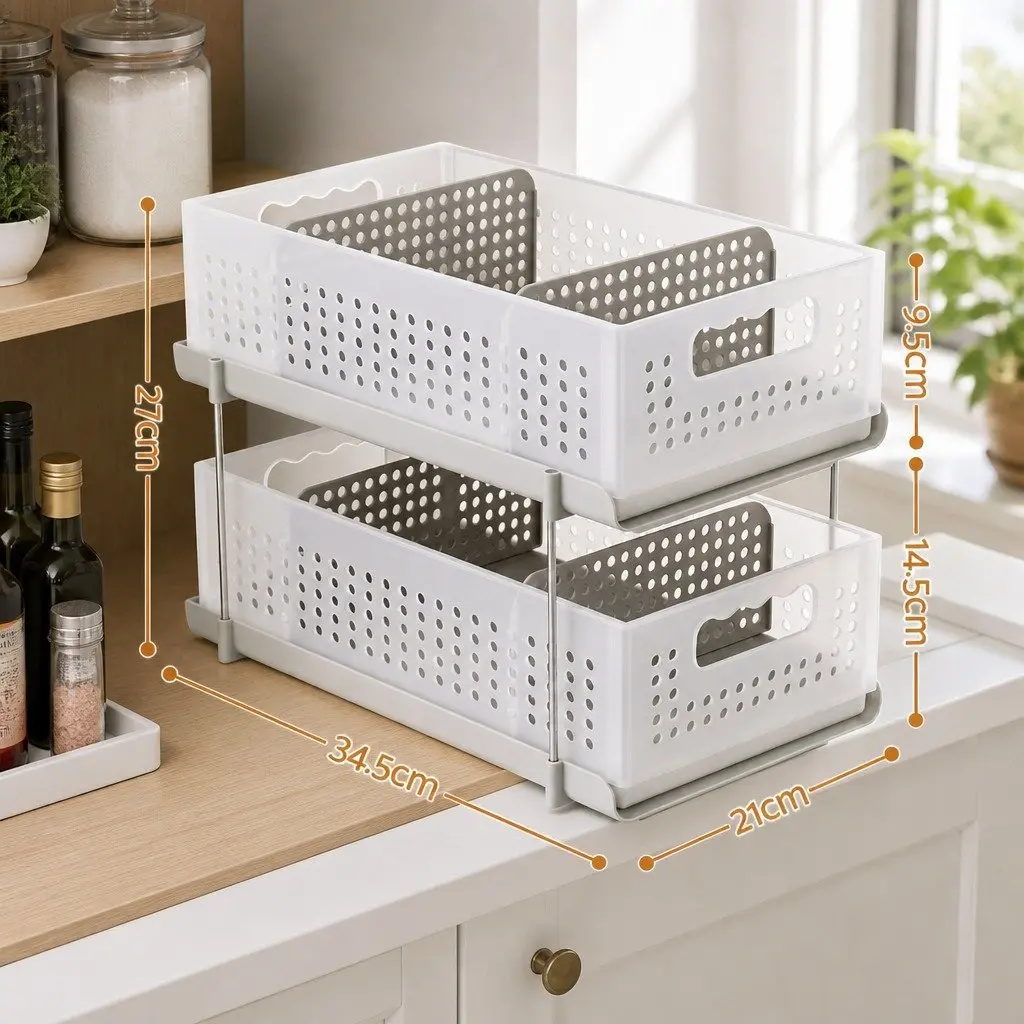 Under Sink Organizer 2 Tier Pull Out Drawer Removable Baskets Divider White 21cm