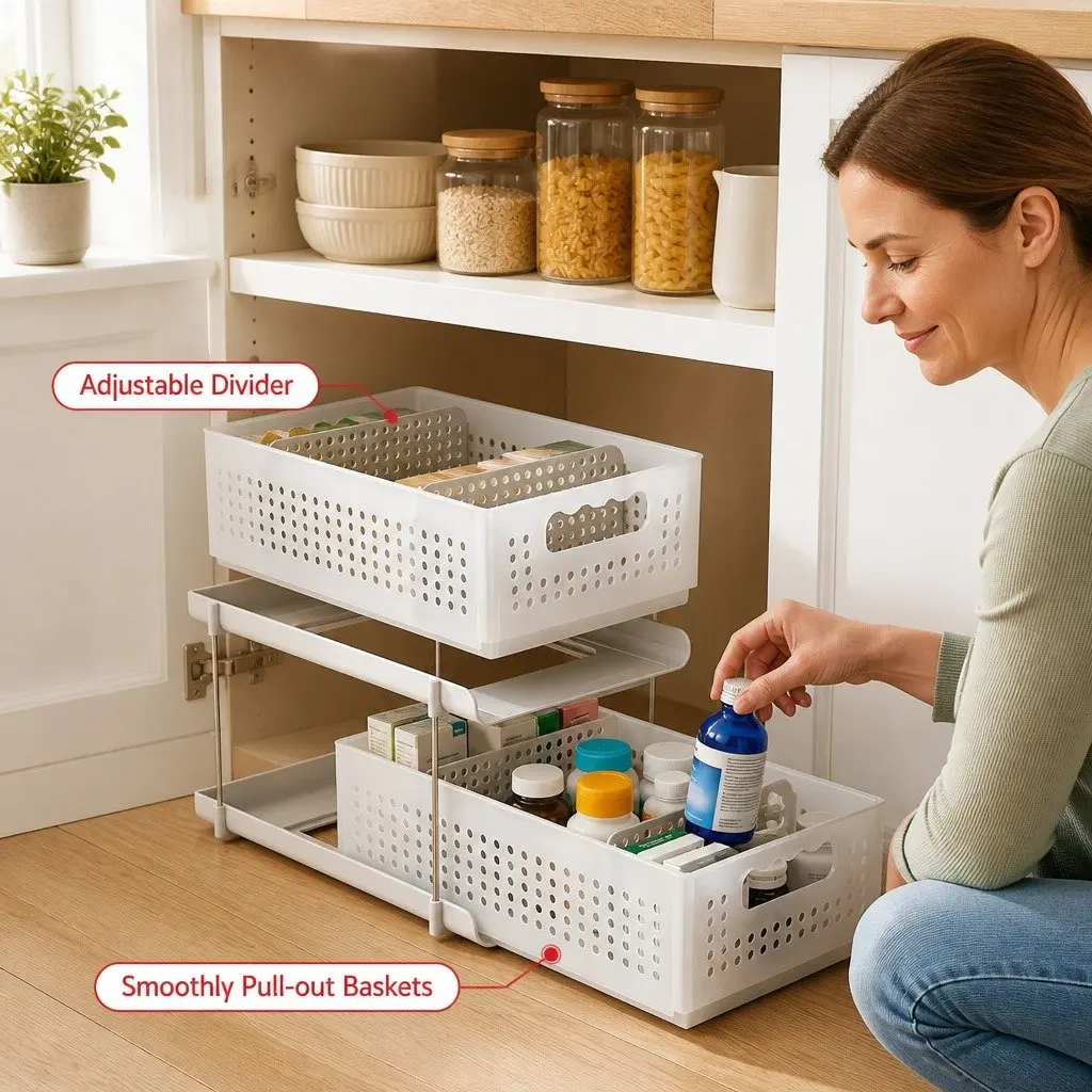 Under Sink Organizer 2 Tier Pull Out Drawer Removable Baskets Divider White 21cm