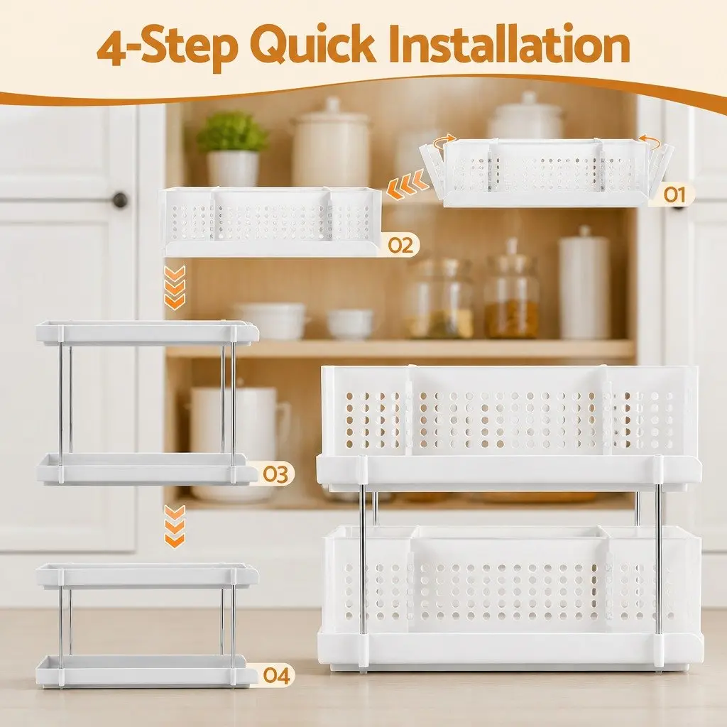 Under Sink Organizer 2 Tier Pull Out Drawer Removable Baskets Divider White 21cm
