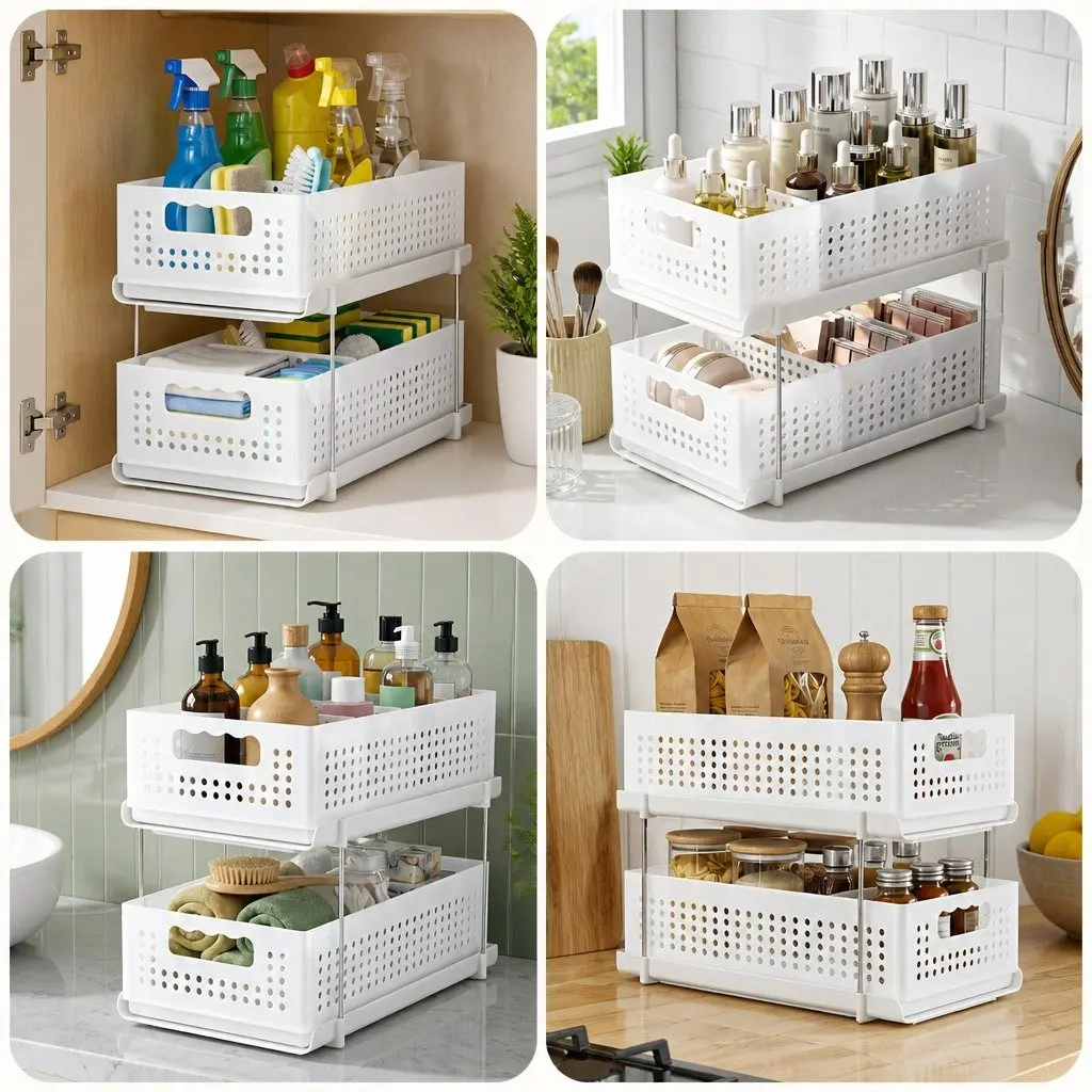 Under Sink Organizer 2 Tier Pull Out Drawer Removable Baskets Divider White 21cm
