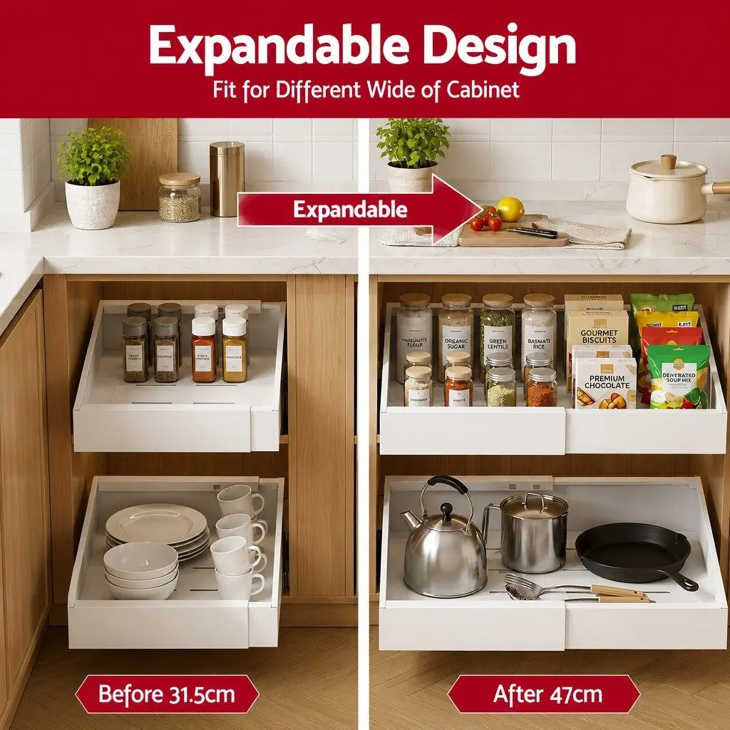 Pull Out Cabinet Drawers Expandable Organizer 2 Pack White Modern Storage