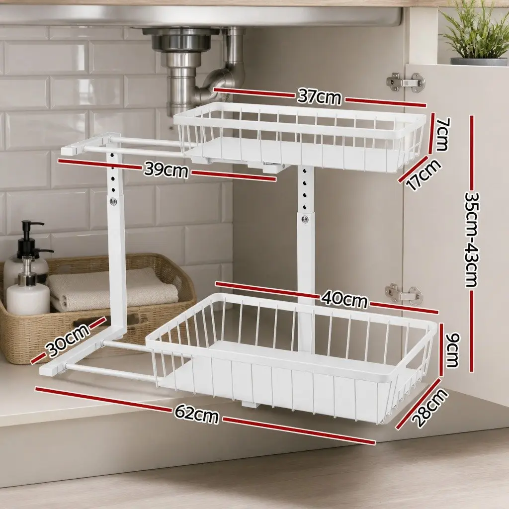 Under Sink Organizer Storage Cabinet Adjustable Height 2 Slide Out Drawers White
