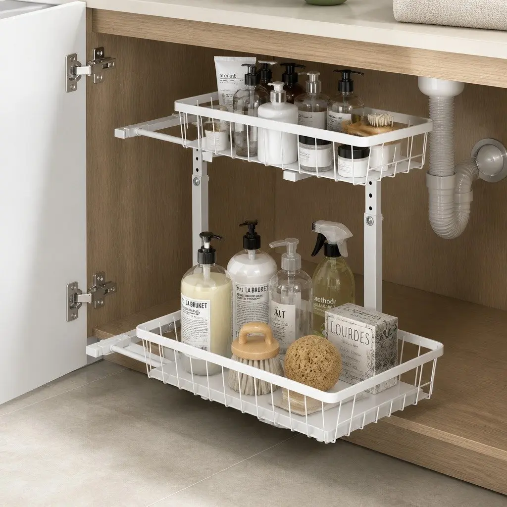 Under Sink Organizer Storage Cabinet Adjustable Height 2 Slide Out Drawers White