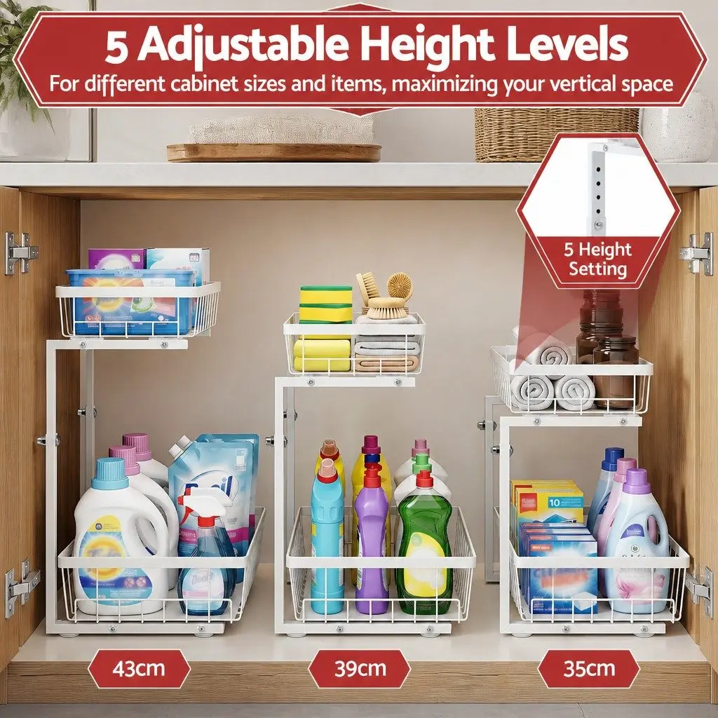 Under Sink Organizer Storage Cabinet Adjustable Height 2 Slide Out Drawers White