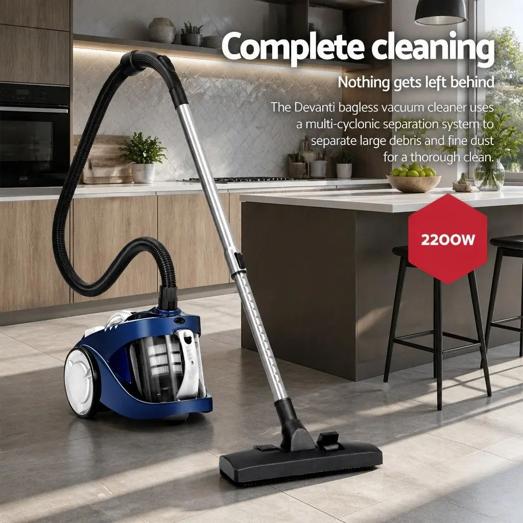 Stick Vacuum Cleaner Bagless 2200W Blue Multi-Cyclonic HEPA Filter for Household Cleaning