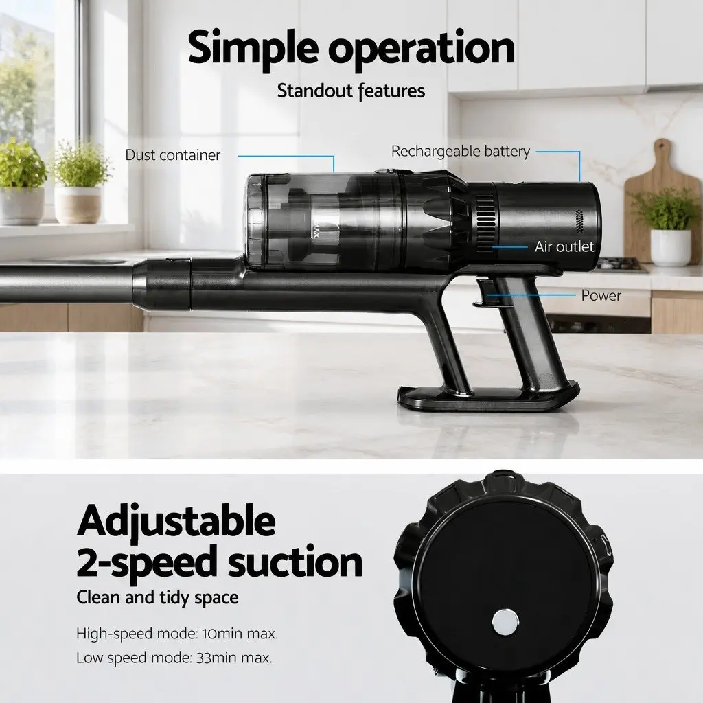 Stick Vacuum Cleaner Cordless Handheld Hard Floor Cleaning 350W Grey