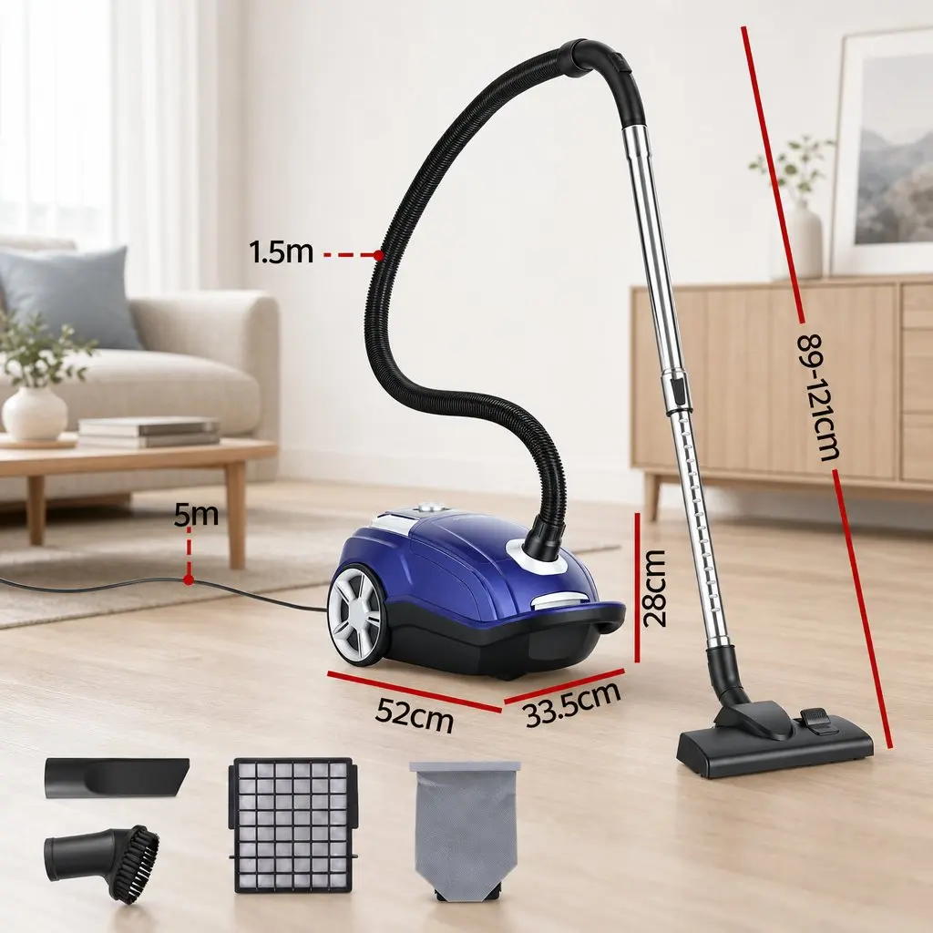 Bagged Canister Vacuum Cleaner Blue Powerful Suction Carpet Hardwood Tiles Pet