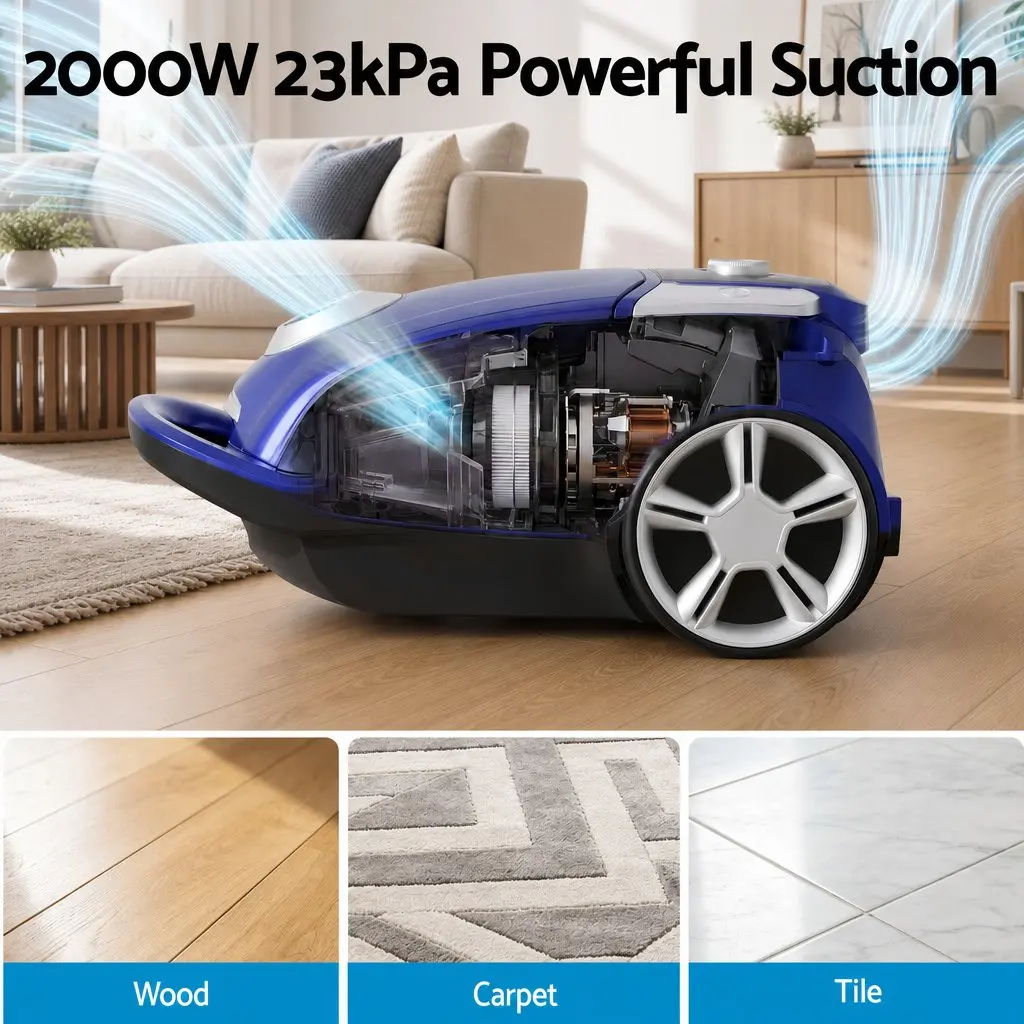 Bagged Canister Vacuum Cleaner Blue Powerful Suction Carpet Hardwood Tiles Pet