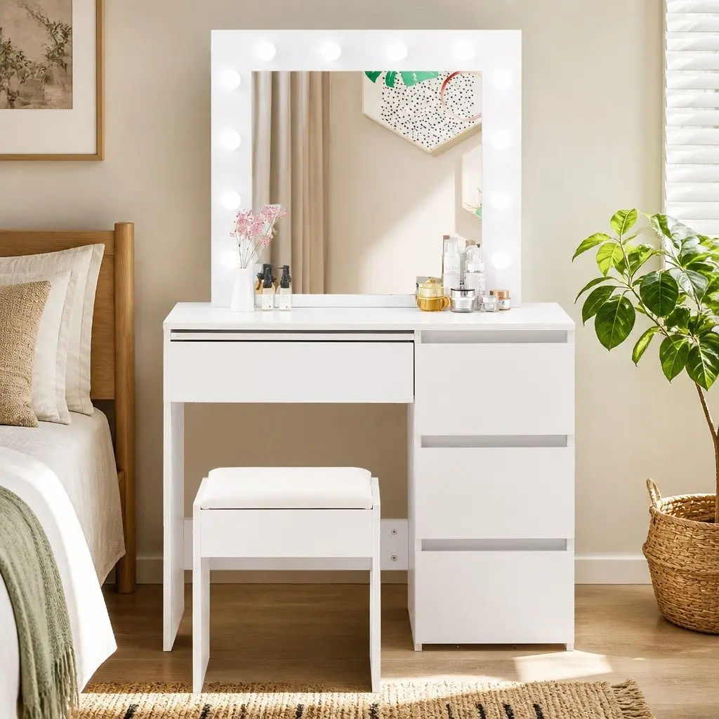 Dressing Table Vanity Set LED Mirror Stool Makeup Storage White 94cm x 43cm x 140cm