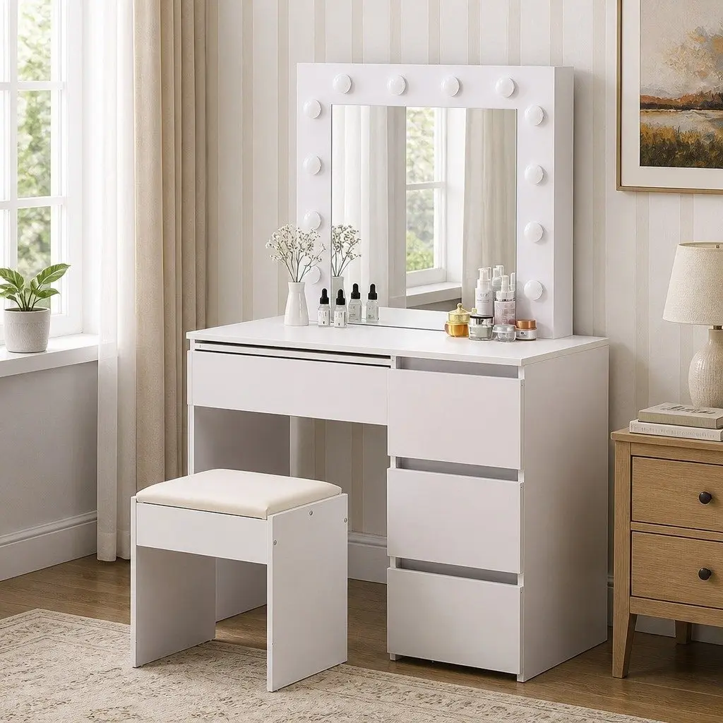Dressing Table Vanity Set LED Mirror Stool Makeup Storage White 94cm x 43cm x 140cm