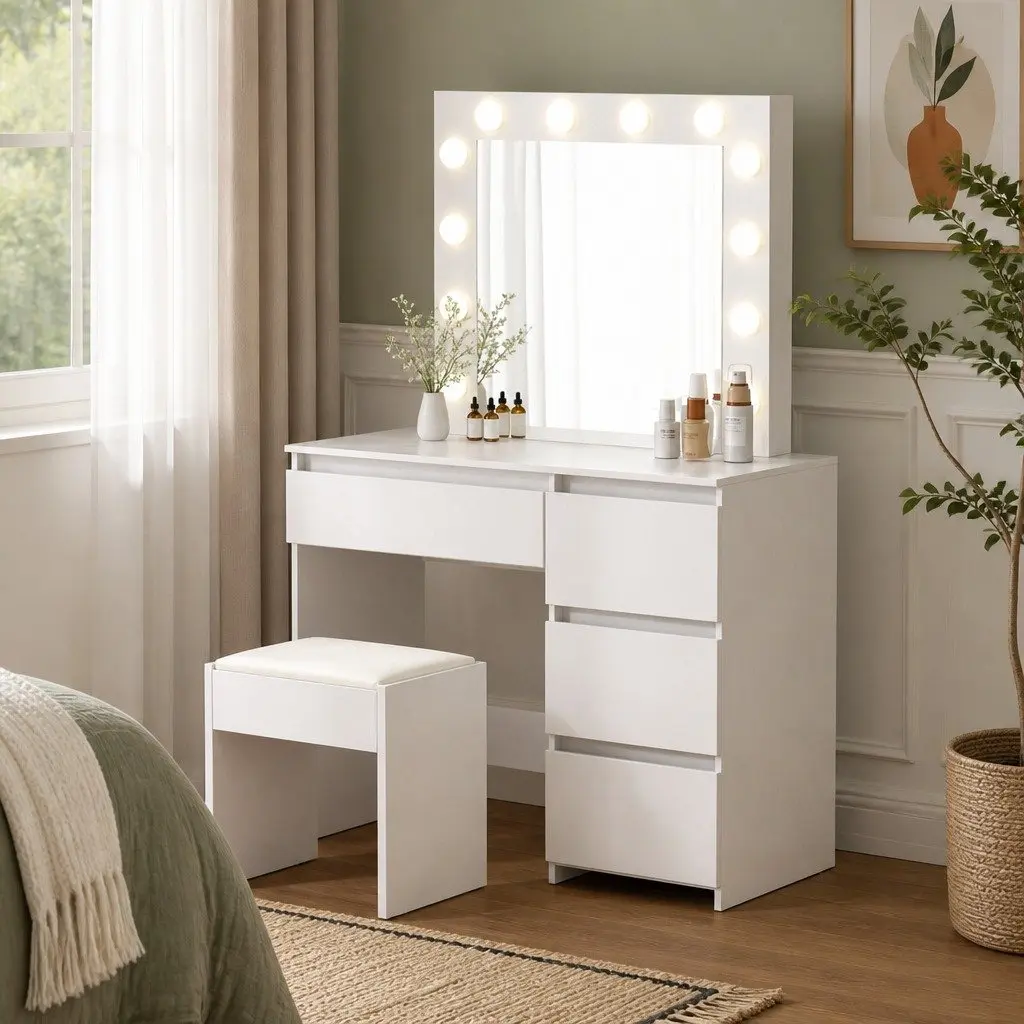 Dressing Table Vanity Set LED Mirror Stool Makeup Storage White 94cm x 43cm x 140cm