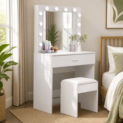 Dressing Table Set with LED Mirror Makeup Vanity Stool Storage Drawers