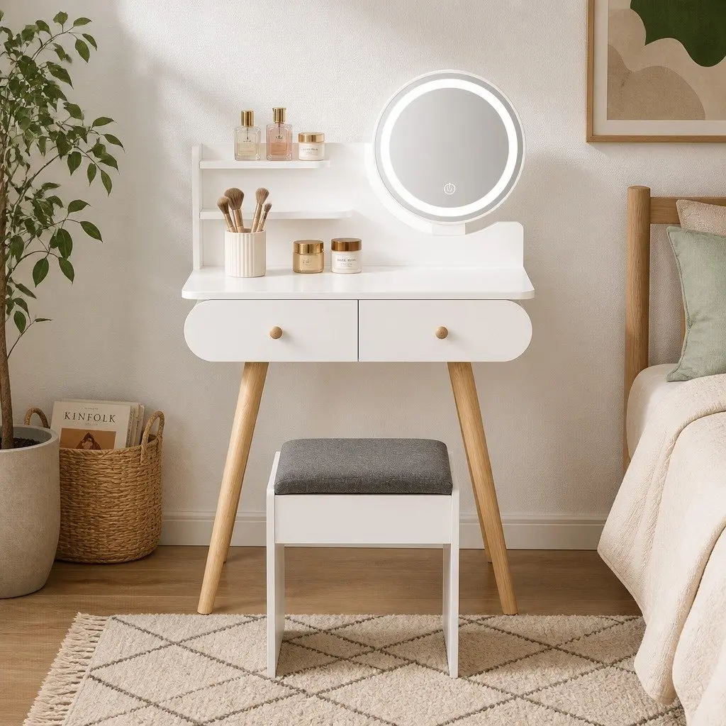 Dressing Table Vanity Makeup Desk with LED Mirror 2 Drawers 2 Shelves White