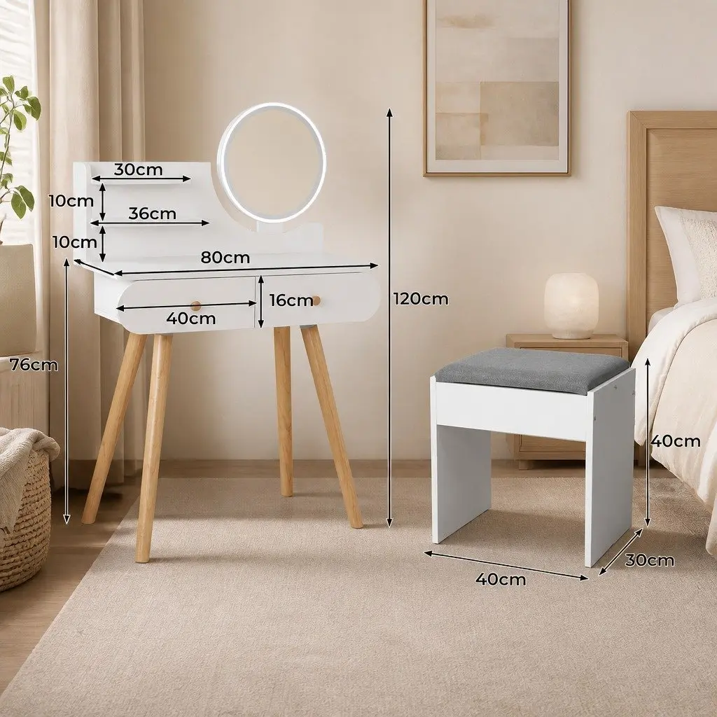 Dressing Table Vanity Makeup Desk with LED Mirror 2 Drawers 2 Shelves White