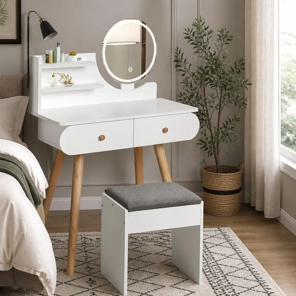 Dressing Table Vanity Makeup Desk with LED Mirror 2 Drawers 2 Shelves White