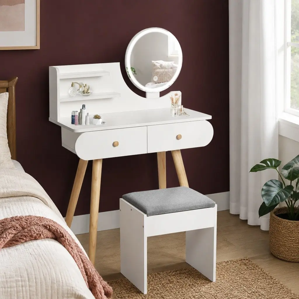 Dressing Table Vanity Makeup Desk with LED Mirror 2 Drawers 2 Shelves White