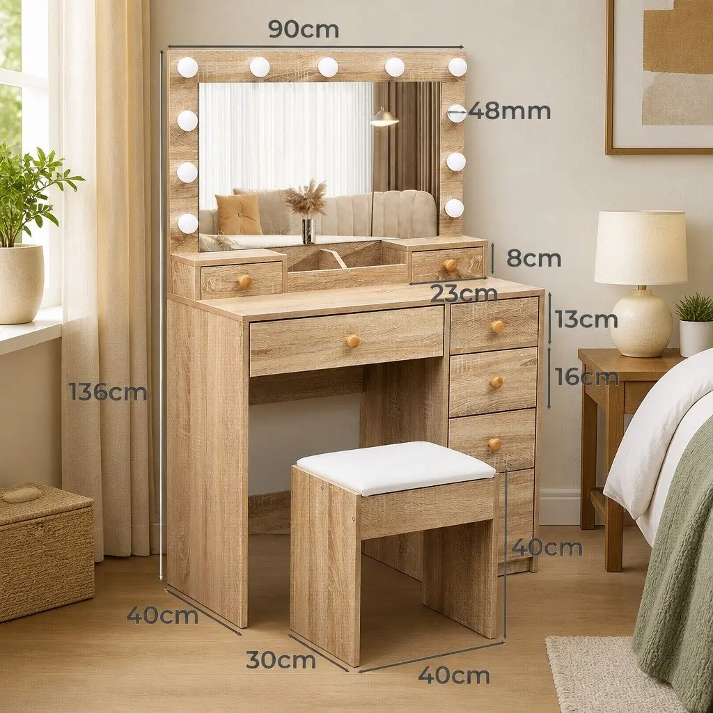 Dressing Table Stool Set LED Mirror Makeup Vanity Oak Drawer Storage Bedroom