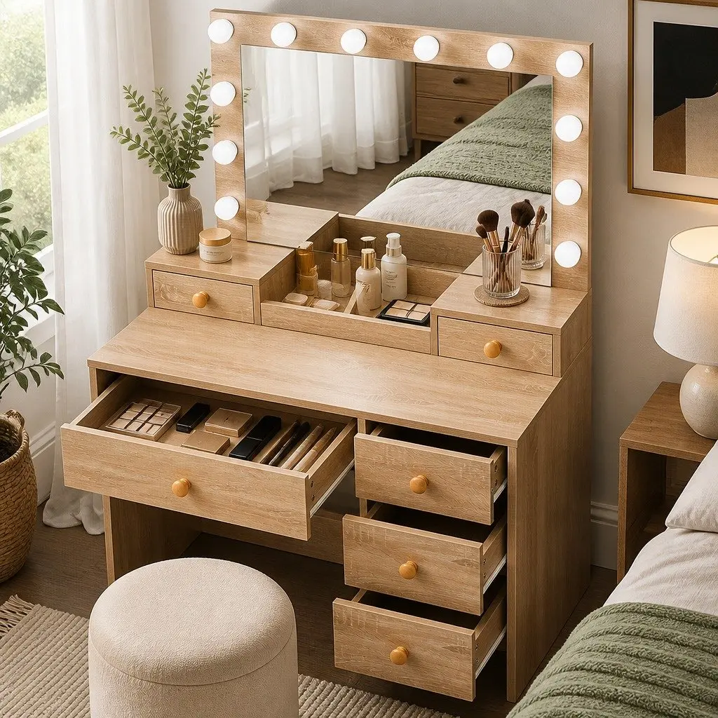 Dressing Table Stool Set LED Mirror Makeup Vanity Oak Drawer Storage Bedroom