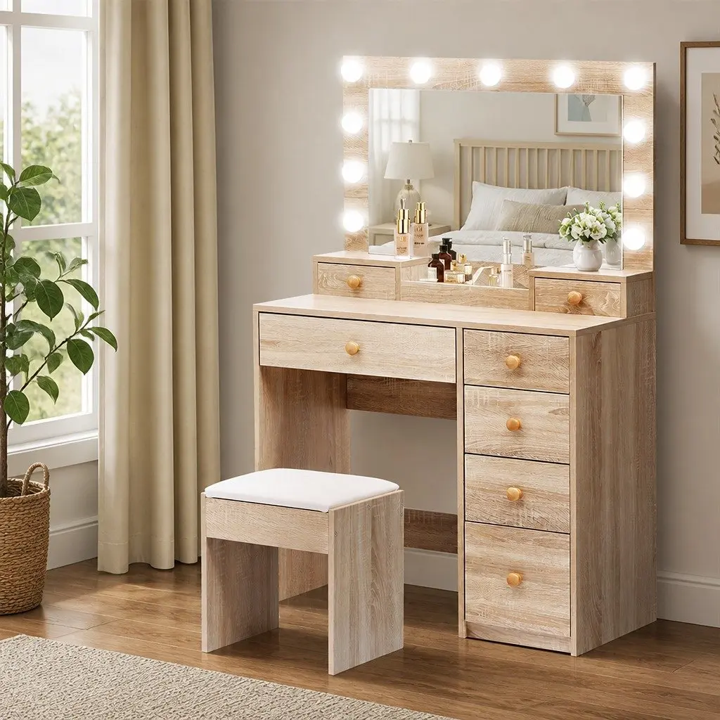 Dressing Table Stool Set LED Mirror Makeup Vanity Oak Drawer Storage Bedroom