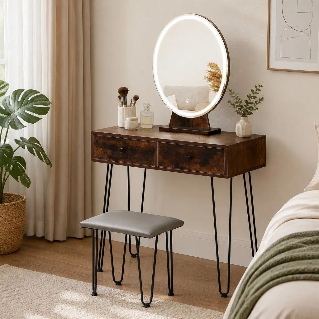 Dressing Table with LED Mirror & Stool Brown Makeup Vanity Set with Drawers