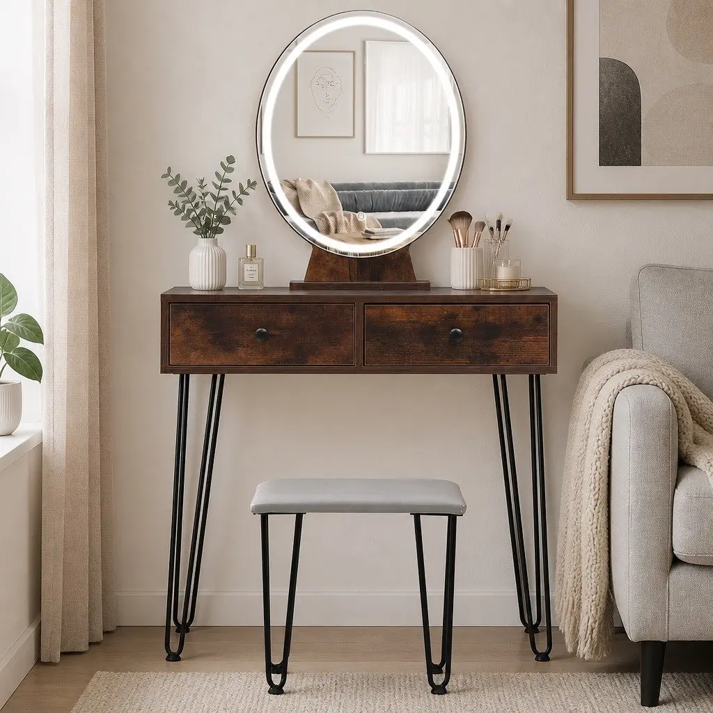 Dressing Table with LED Mirror & Stool Brown Makeup Vanity Set with Drawers