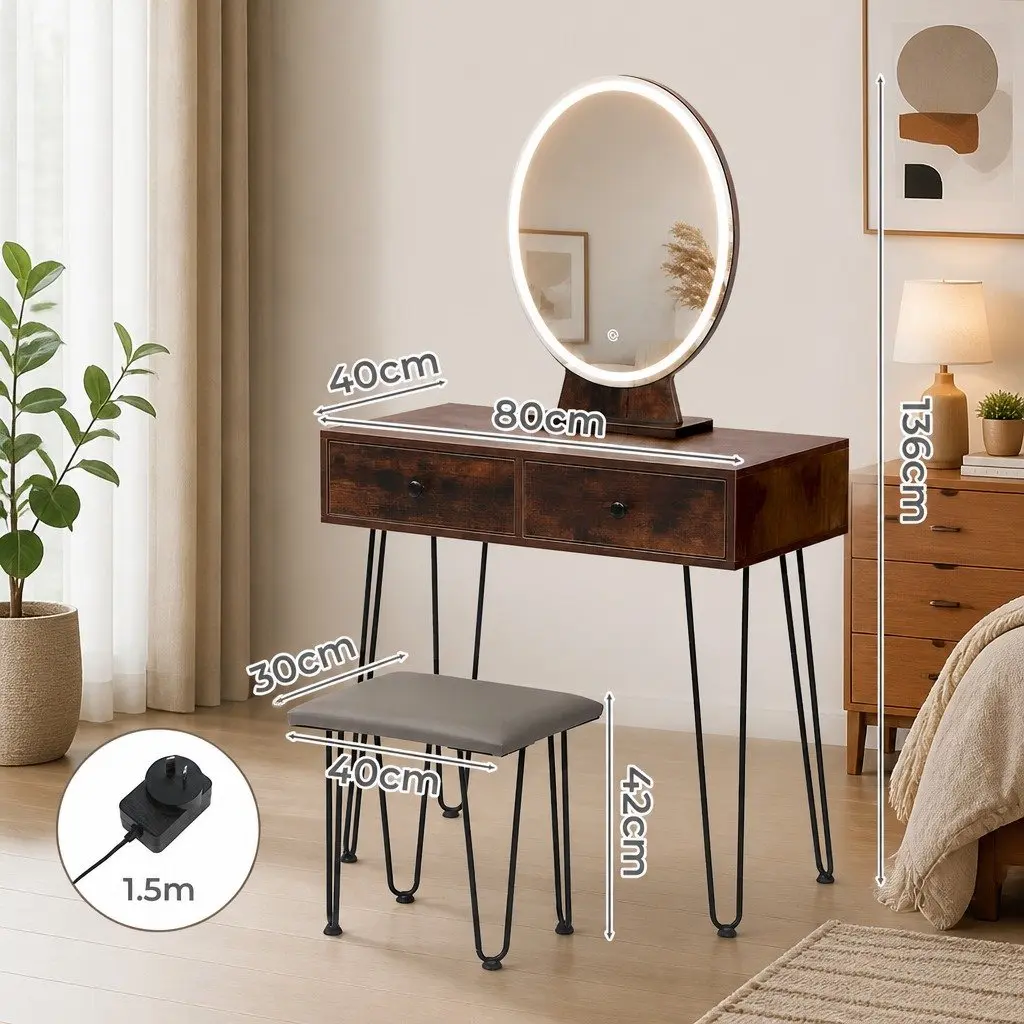 Dressing Table with LED Mirror & Stool Brown Makeup Vanity Set with Drawers