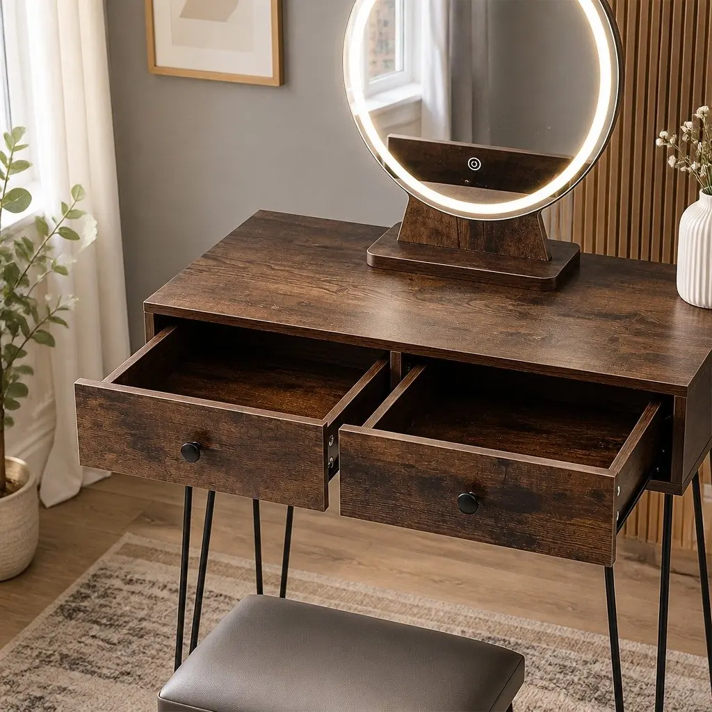 Dressing Table with LED Mirror & Stool Brown Makeup Vanity Set with Drawers