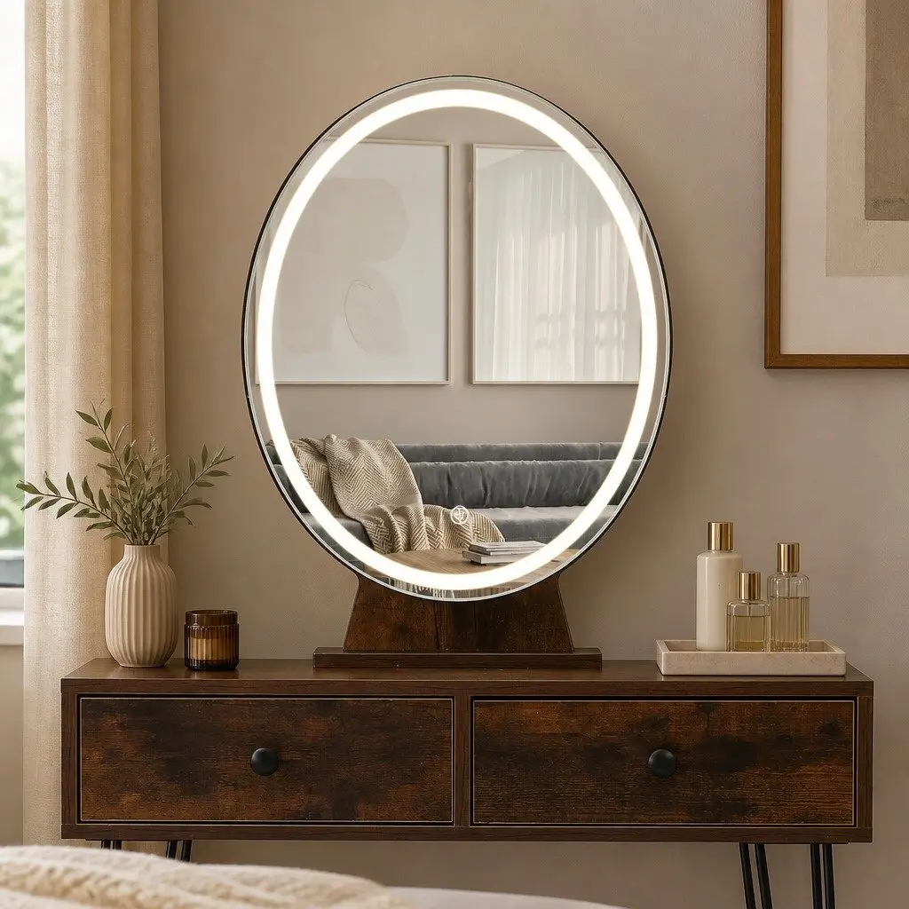 Dressing Table with LED Mirror & Stool Brown Makeup Vanity Set with Drawers