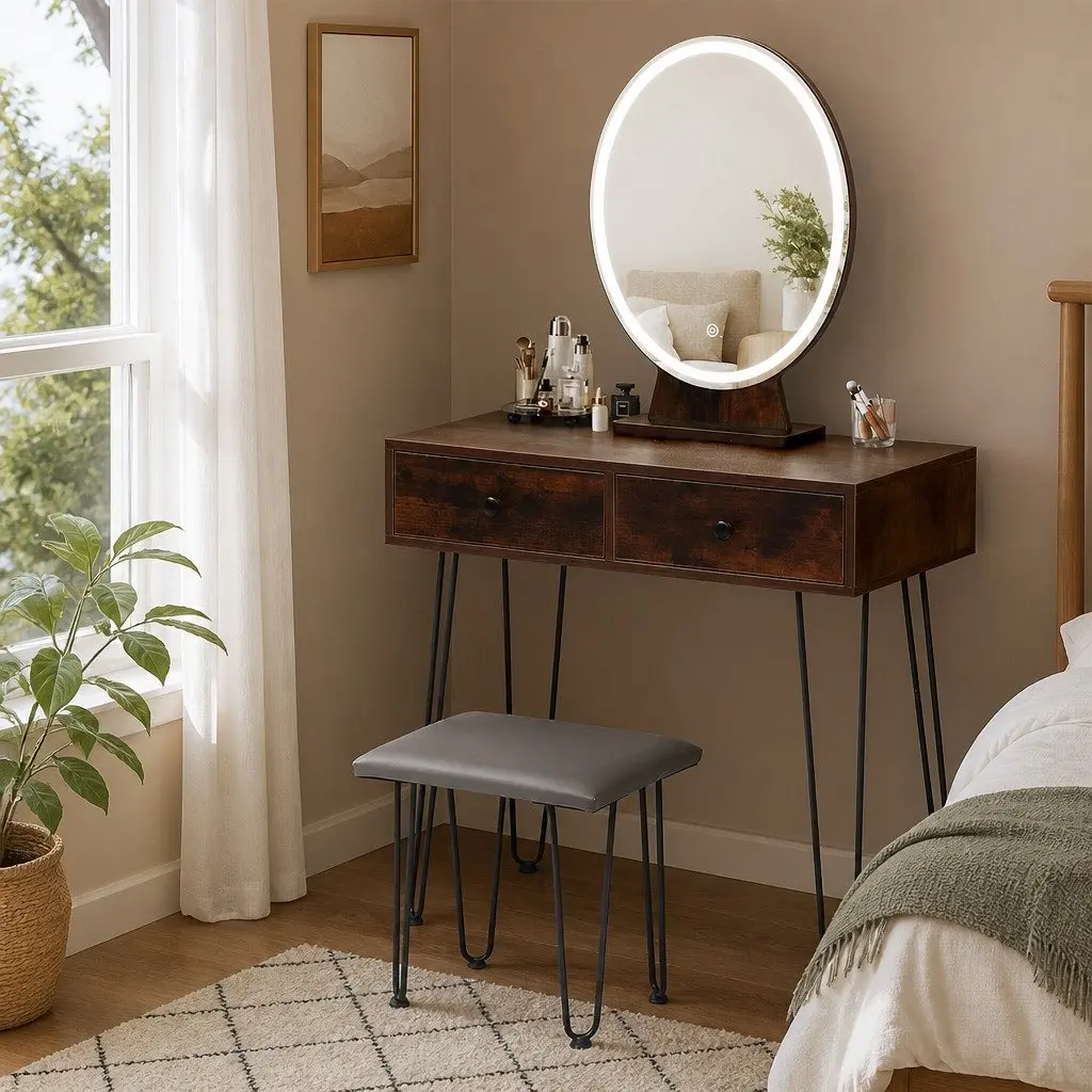 Dressing Table with LED Mirror & Stool Brown Makeup Vanity Set with Drawers