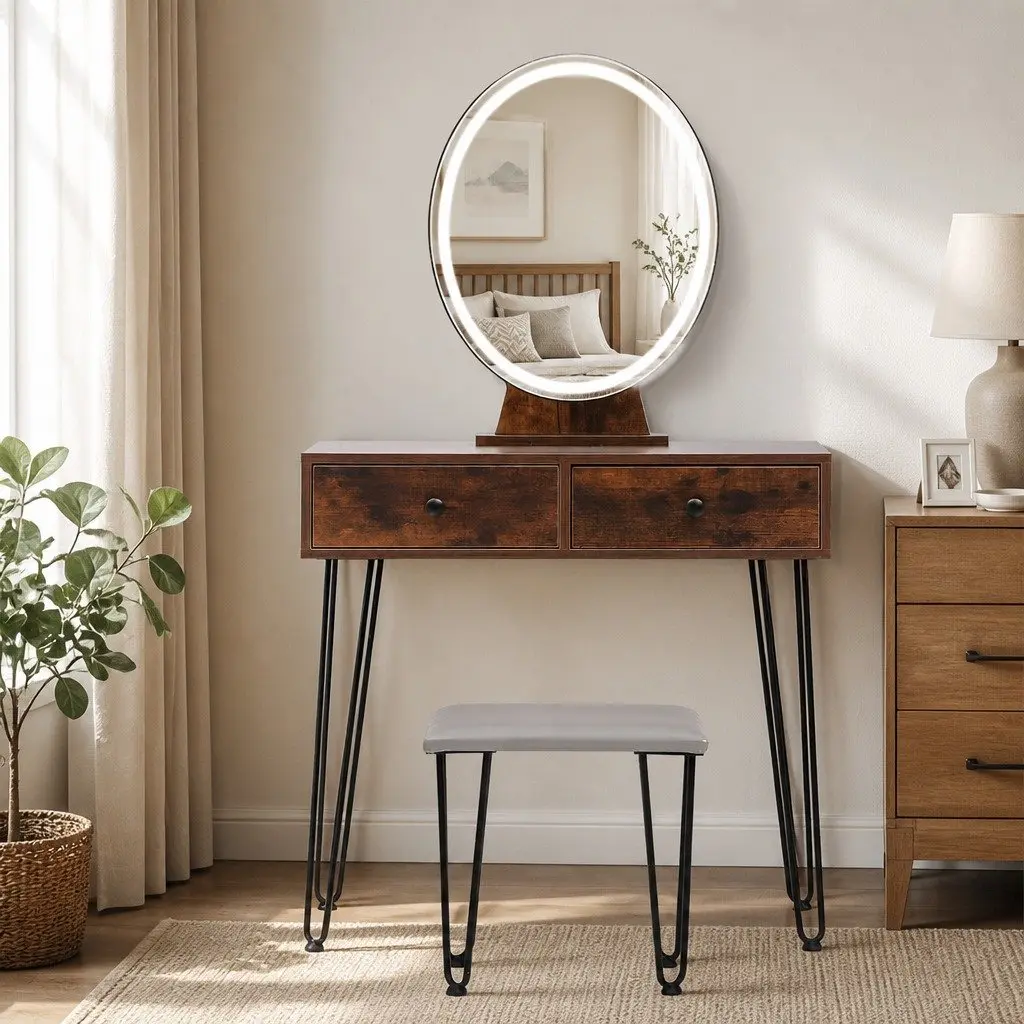 Dressing Table with LED Mirror & Stool Brown Makeup Vanity Set with Drawers