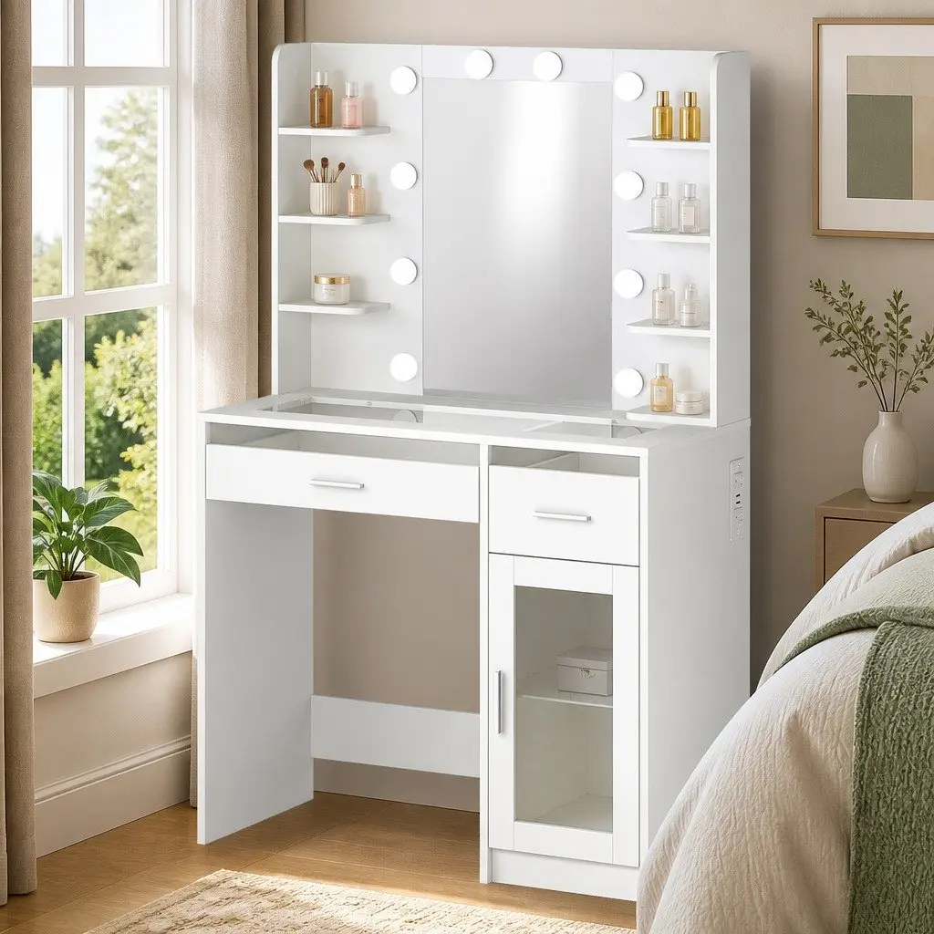 Vanity Desk with LED Lights and Storage Options