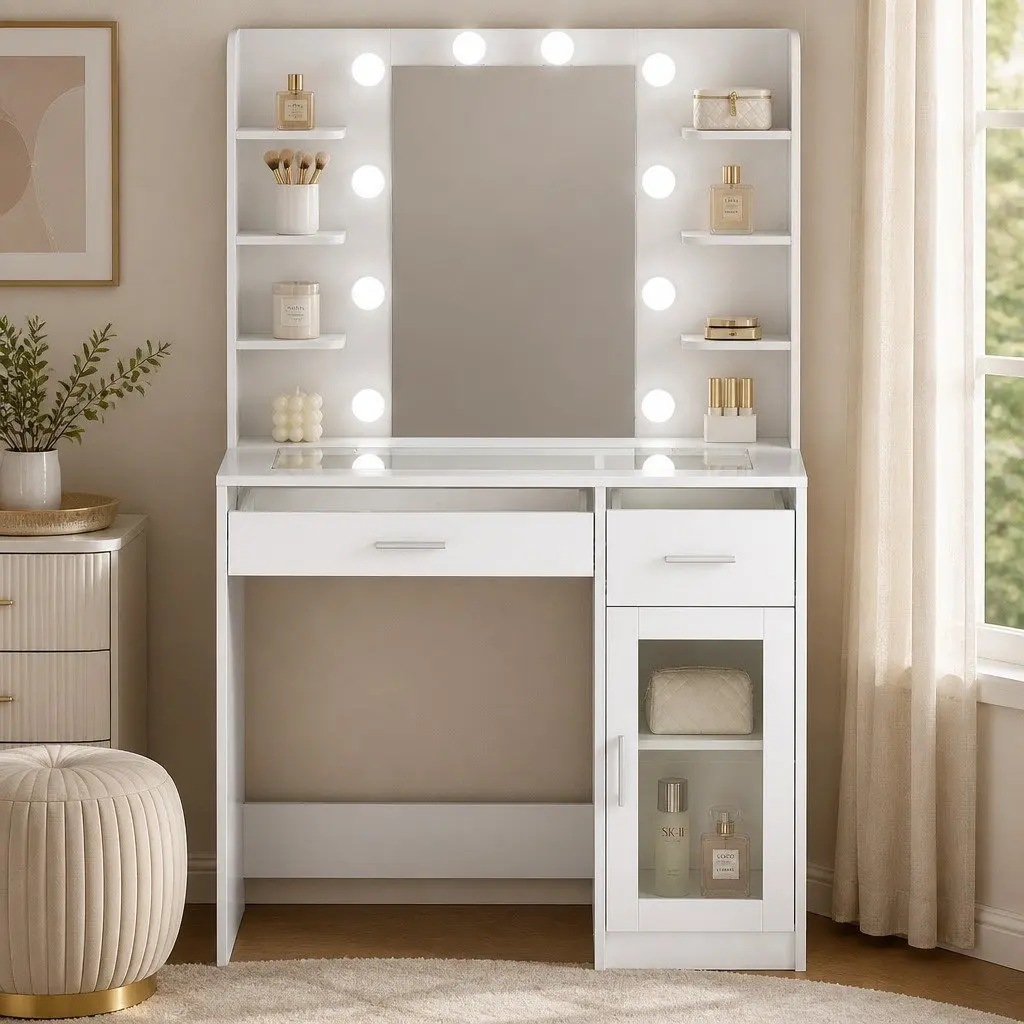 Vanity Desk with LED Lights and Storage Options
