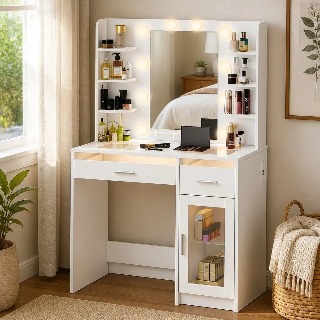 Vanity Desk with LED Lights and Storage Options