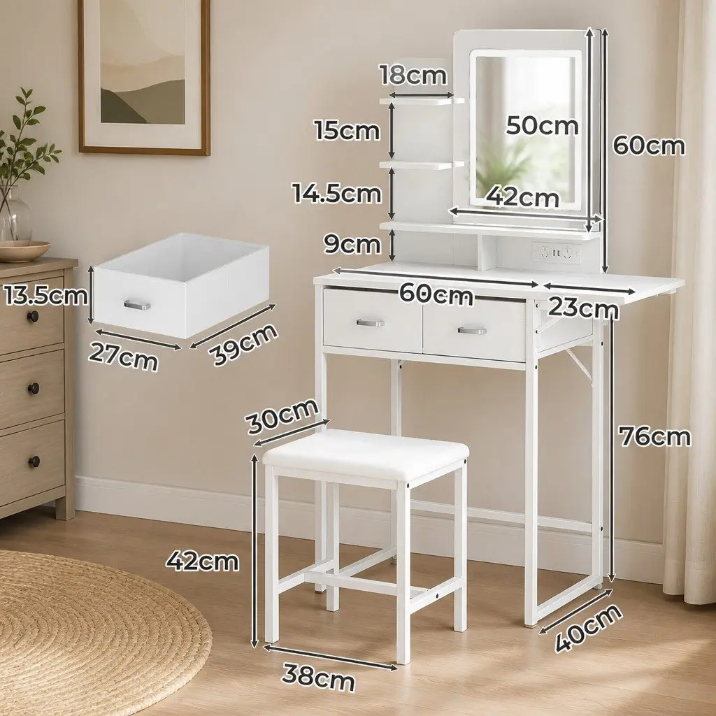 Dressing Table Vanity Desk LED Makeup Mirror Foldable Panel Stool Set White