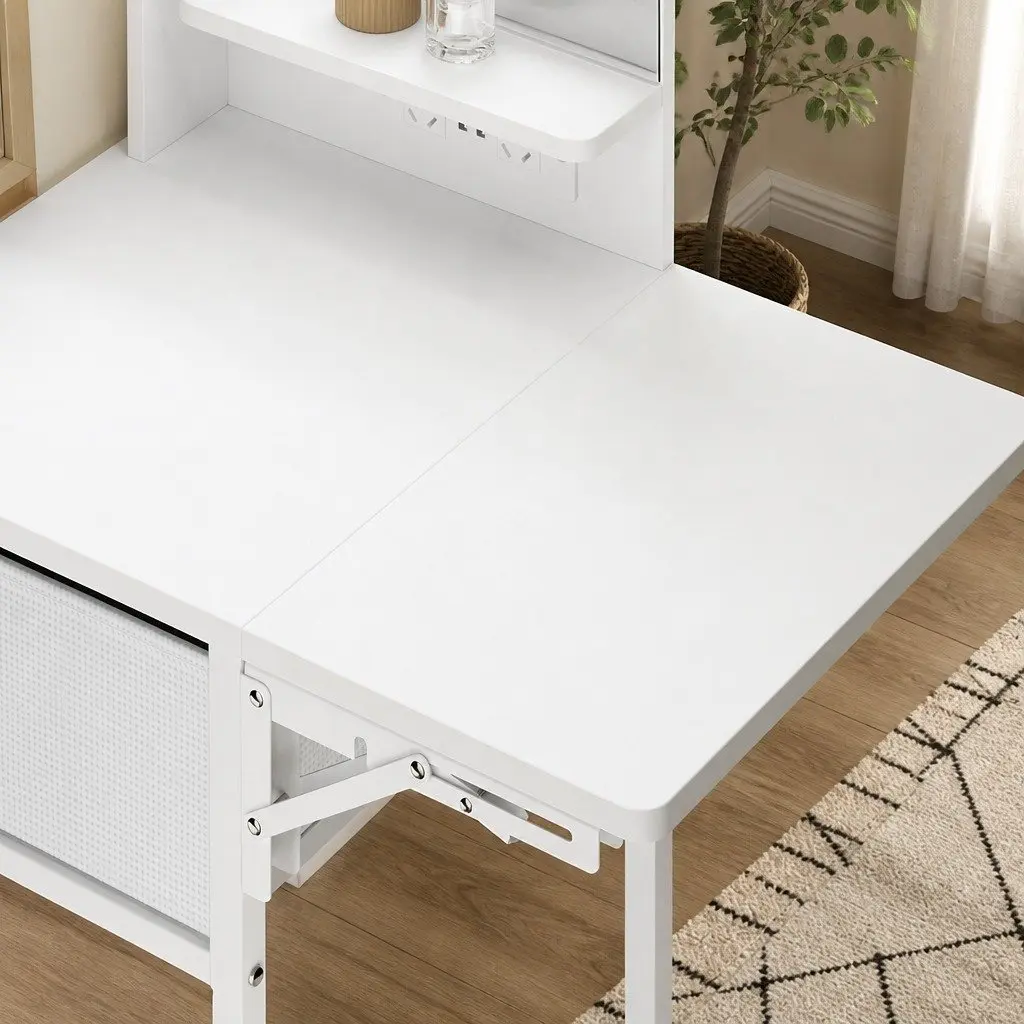 Dressing Table Vanity Desk LED Makeup Mirror Foldable Panel Stool Set White